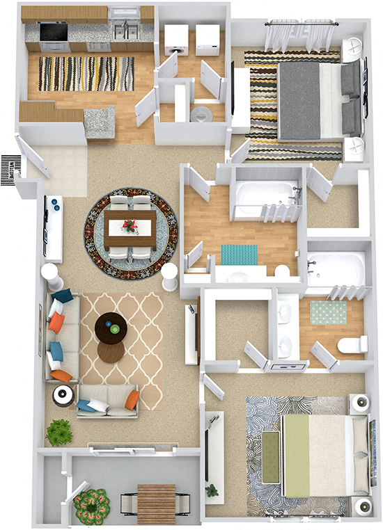 Floor plan for 2 beds, 2 baths, 1042 sqft